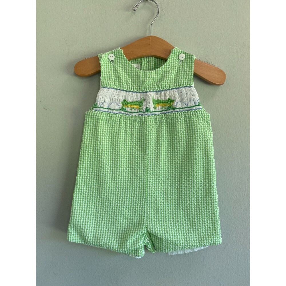 Rare Petit Ami Green Gingham Baby Romper Overall Smocked Embroidered Crickets 3M
